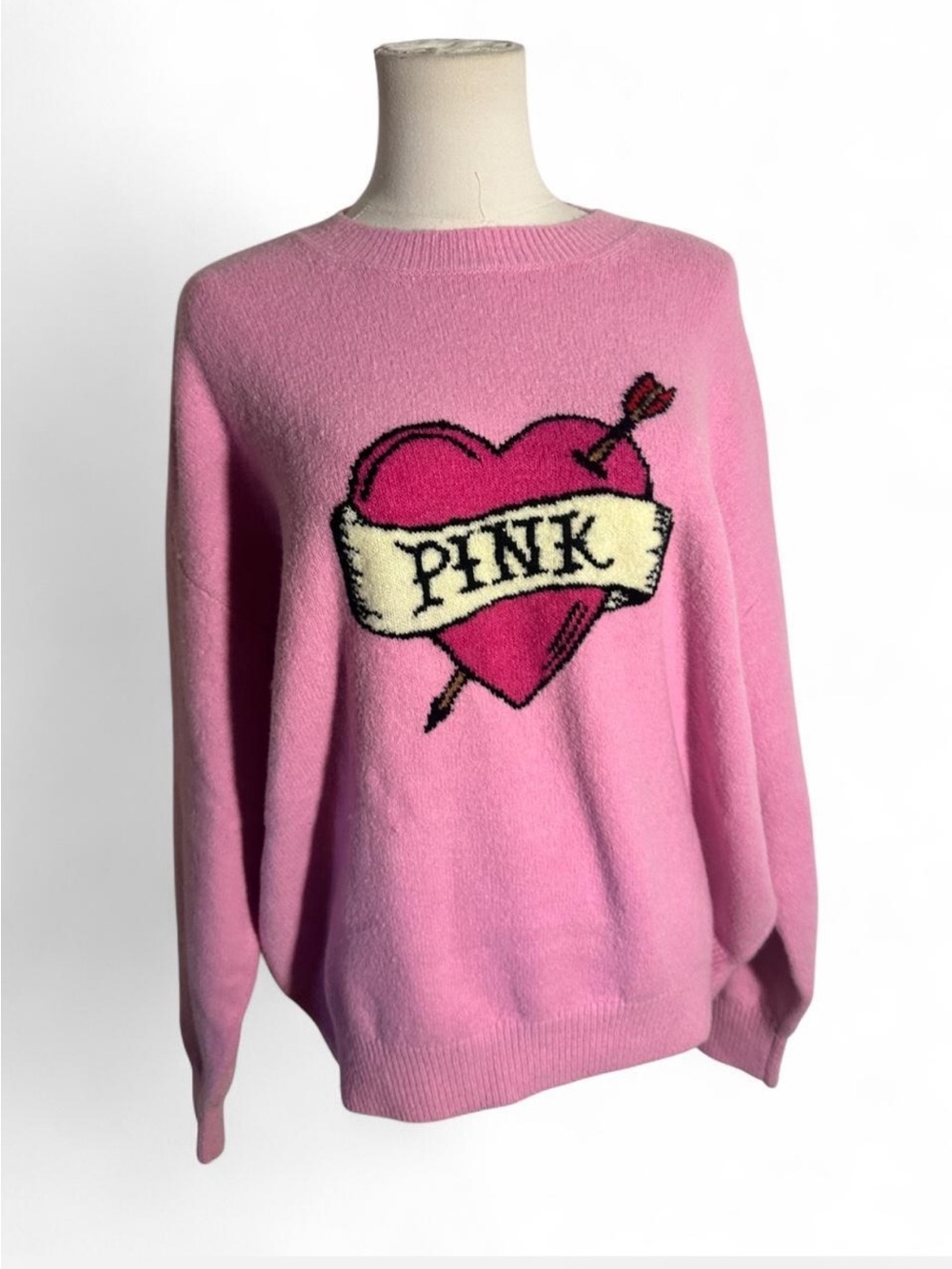 Pink Victoria's Secret sweater with heart and banner graphic, size S